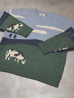 Aelfric Eden Sky Blue & Forest Green Rhino Intarsia Crewneck